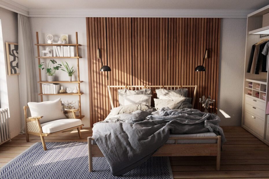 Quarto moderno e ensolarado de meados do século com uma parede vertical de ripas de madeira atrás da cama