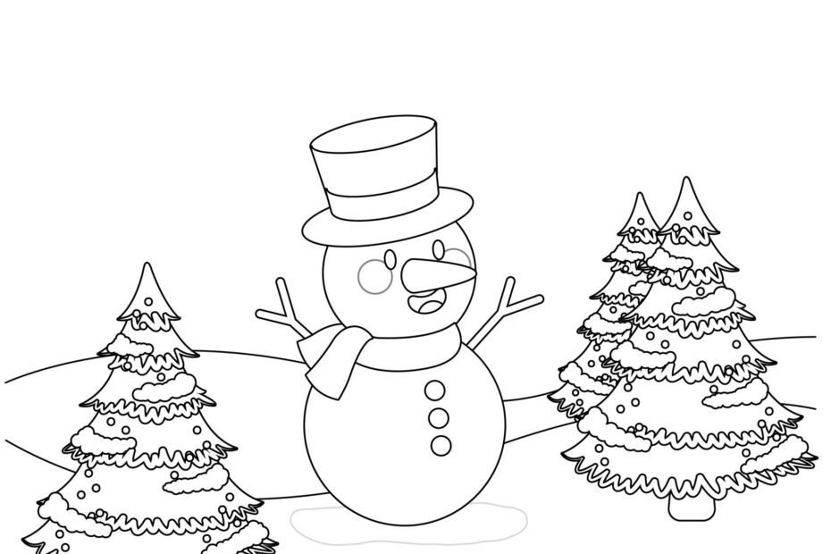 Skip to my Lou - Desenhos para colorir de Natal - Desenho de um boneco de neve com duas árvores de Natal