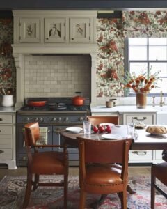 a vintage style kitchen with wallpaper and vintage furniture