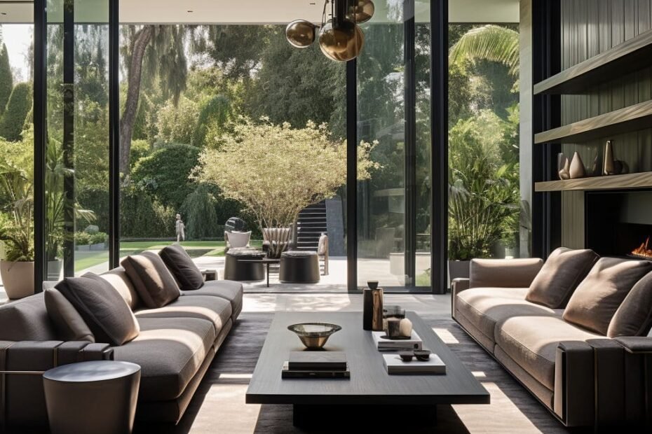 Uma bela sala de estar contemporânea com um sofá modular elegante e um p abstrato vibrante
